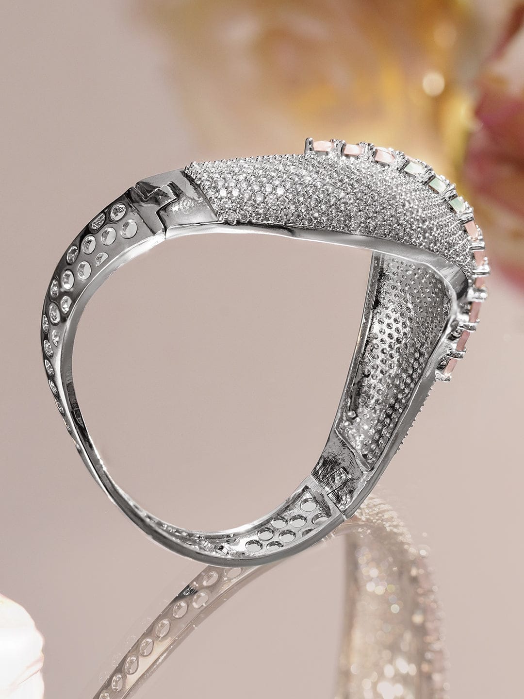 Rubans Rhodium-Plated Statement Bracelet with Pastel Pink & Green Stones, Cubic Zirconia Detailing Wristwear