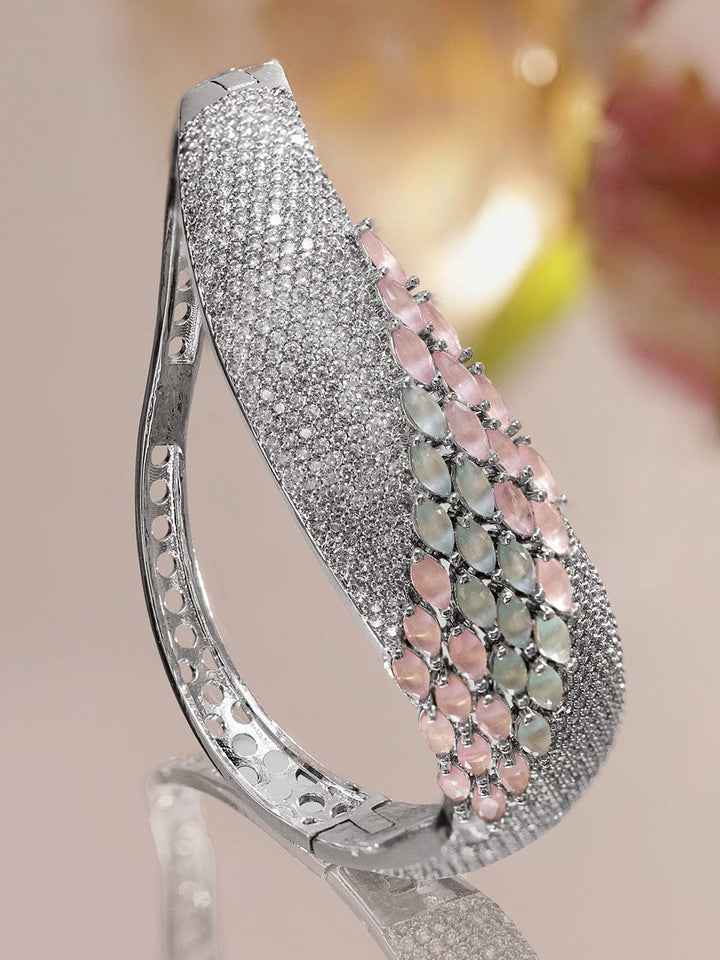 Rubans Rhodium-Plated Statement Bracelet with Pastel Pink & Green Stones, Cubic Zirconia Detailing Wristwear