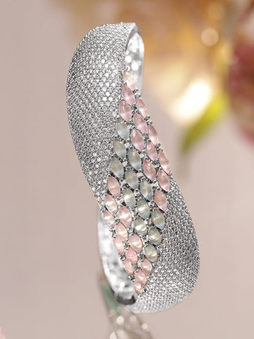 Rubans Rhodium-Plated Statement Bracelet with Pastel Pink & Green Stones, Cubic Zirconia Detailing Wristwear
