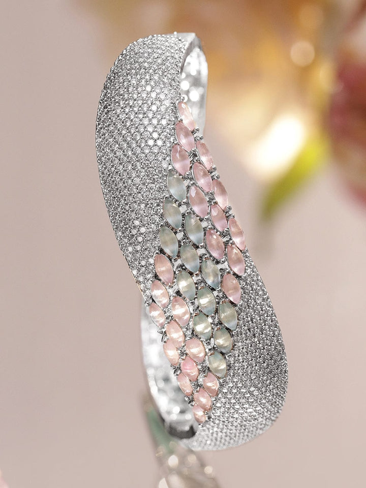 Rubans Rhodium-Plated Statement Bracelet with Pastel Pink & Green Stones, Cubic Zirconia Detailing Wristwear