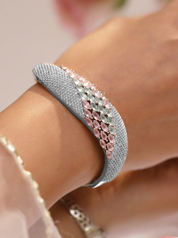 Rubans Rhodium-Plated Statement Bracelet with Pastel Pink & Green Stones, Cubic Zirconia Detailing Wristwear