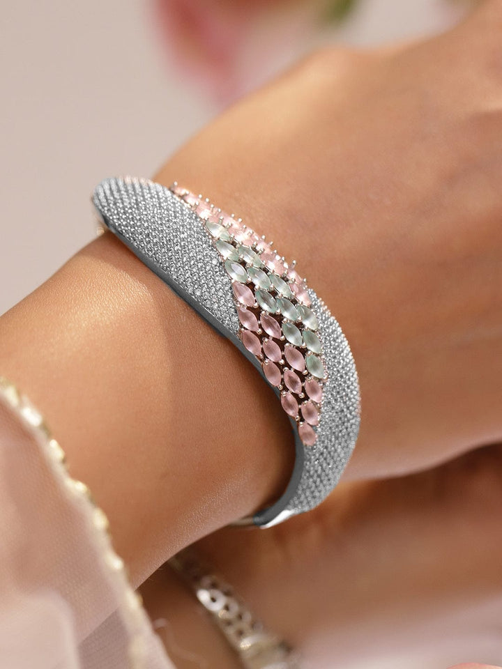 Rubans Rhodium-Plated Statement Bracelet with Pastel Pink & Green Stones, Cubic Zirconia Detailing Wristwear