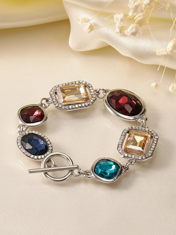 Rubans Rhodium-Plated Statement Link Bracelet with Multicolor Cubic Zirconia Gemstones Bracelet