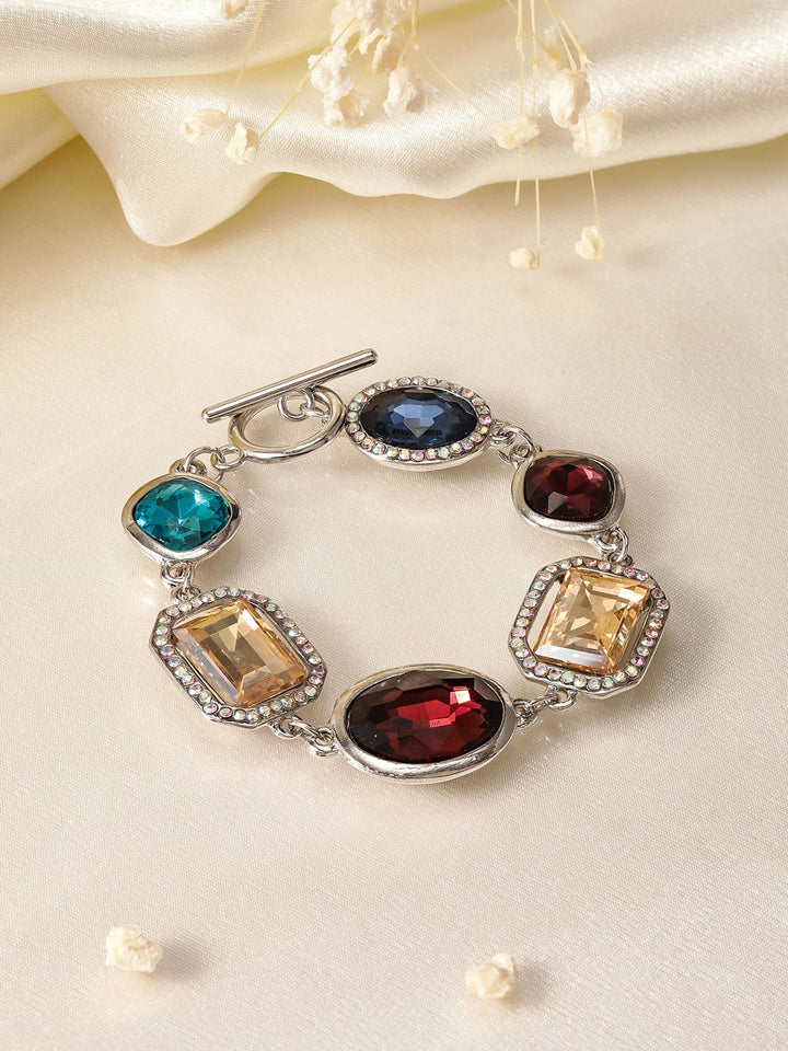 Rubans Rhodium-Plated Statement Link Bracelet with Multicolor Cubic Zirconia Gemstones Bracelet