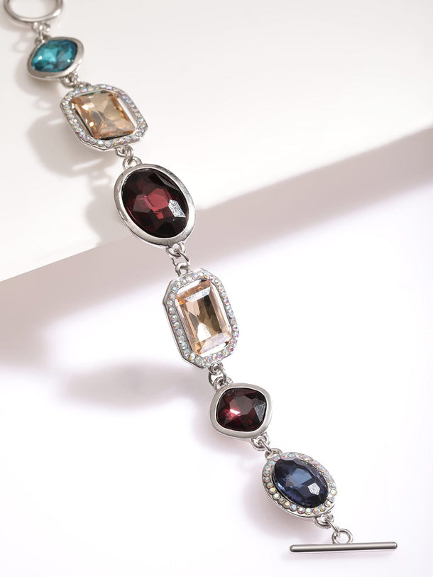 Rubans Rhodium-Plated Statement Link Bracelet with Multicolor Cubic Zirconia Gemstones Wristwear