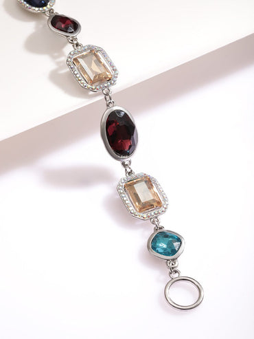 Rubans Rhodium-Plated Statement Link Bracelet with Multicolor Cubic Zirconia Gemstones Wristwear