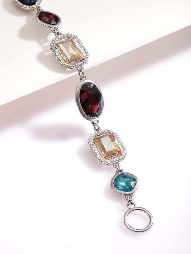 Rubans Rhodium-Plated Statement Link Bracelet with Multicolor Cubic Zirconia Gemstones Wristwear