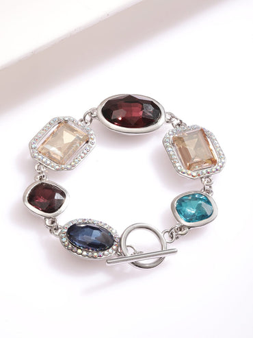 Rubans Rhodium-Plated Statement Link Bracelet with Multicolor Cubic Zirconia Gemstones Wristwear