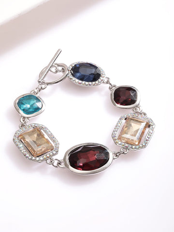 Rubans Rhodium-Plated Statement Link Bracelet with Multicolor Cubic Zirconia Gemstones Wristwear