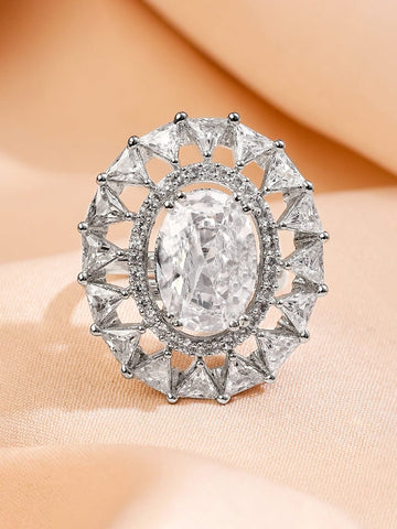 Rubans Rhodium-Plated Statement Ring with Oval & Triangle Cut Cubic Zirconia Detailing Rings