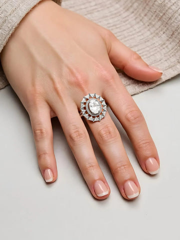 Rubans Rhodium-Plated Statement Ring with Oval & Triangle Cut Cubic Zirconia Detailing Rings