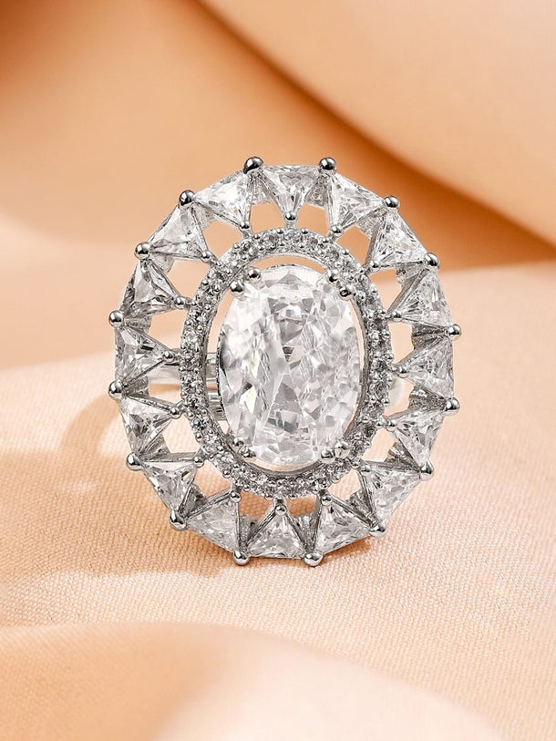 Rubans Rhodium-Plated Statement Ring with Oval & Triangle Cut Cubic Zirconia Detailing Rings