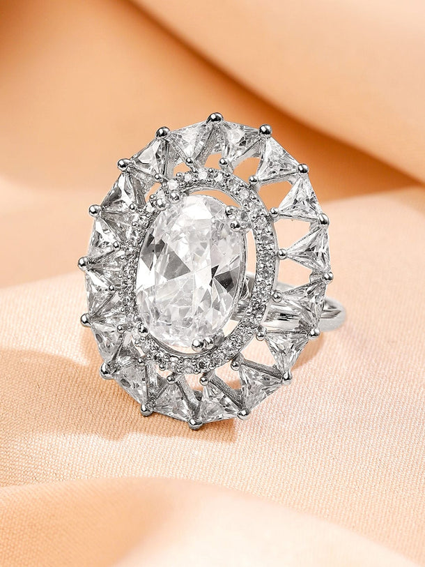 Rubans Rhodium-Plated Statement Ring with Oval & Triangle Cut Cubic Zirconia Detailing Rings
