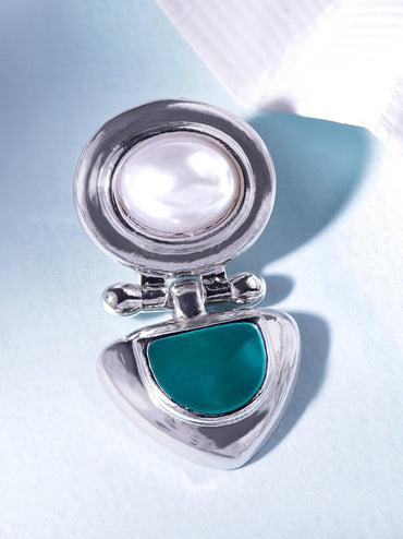 Rubans Rhodium-Plated Statement Stud Earrings with Green Stone & Pearl Detailing Earrings
