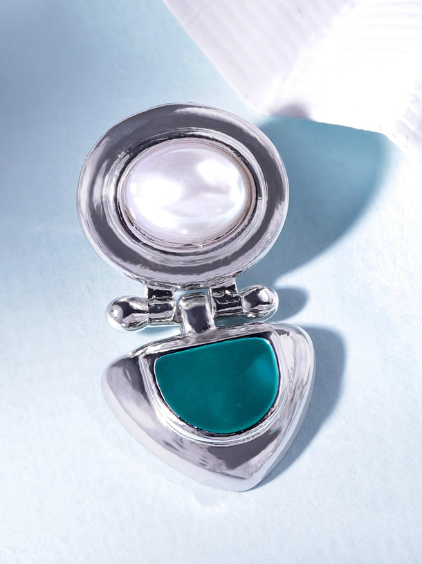 Rubans Rhodium-Plated Statement Stud Earrings with Green Stone & Pearl Detailing Earrings