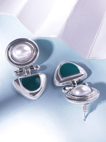 Rubans Rhodium-Plated Statement Stud Earrings with Green Stone & Pearl Detailing Earrings