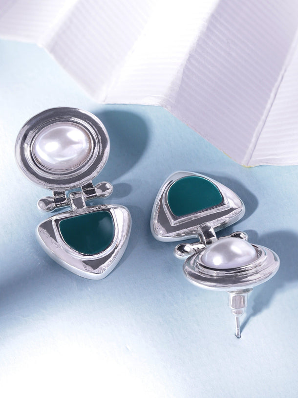 Rubans Rhodium-Plated Statement Stud Earrings with Green Stone & Pearl Detailing Earrings