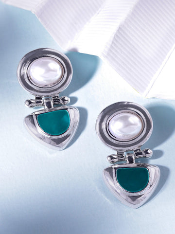 Rubans Rhodium-Plated Statement Stud Earrings with Green Stone & Pearl Detailing Earrings