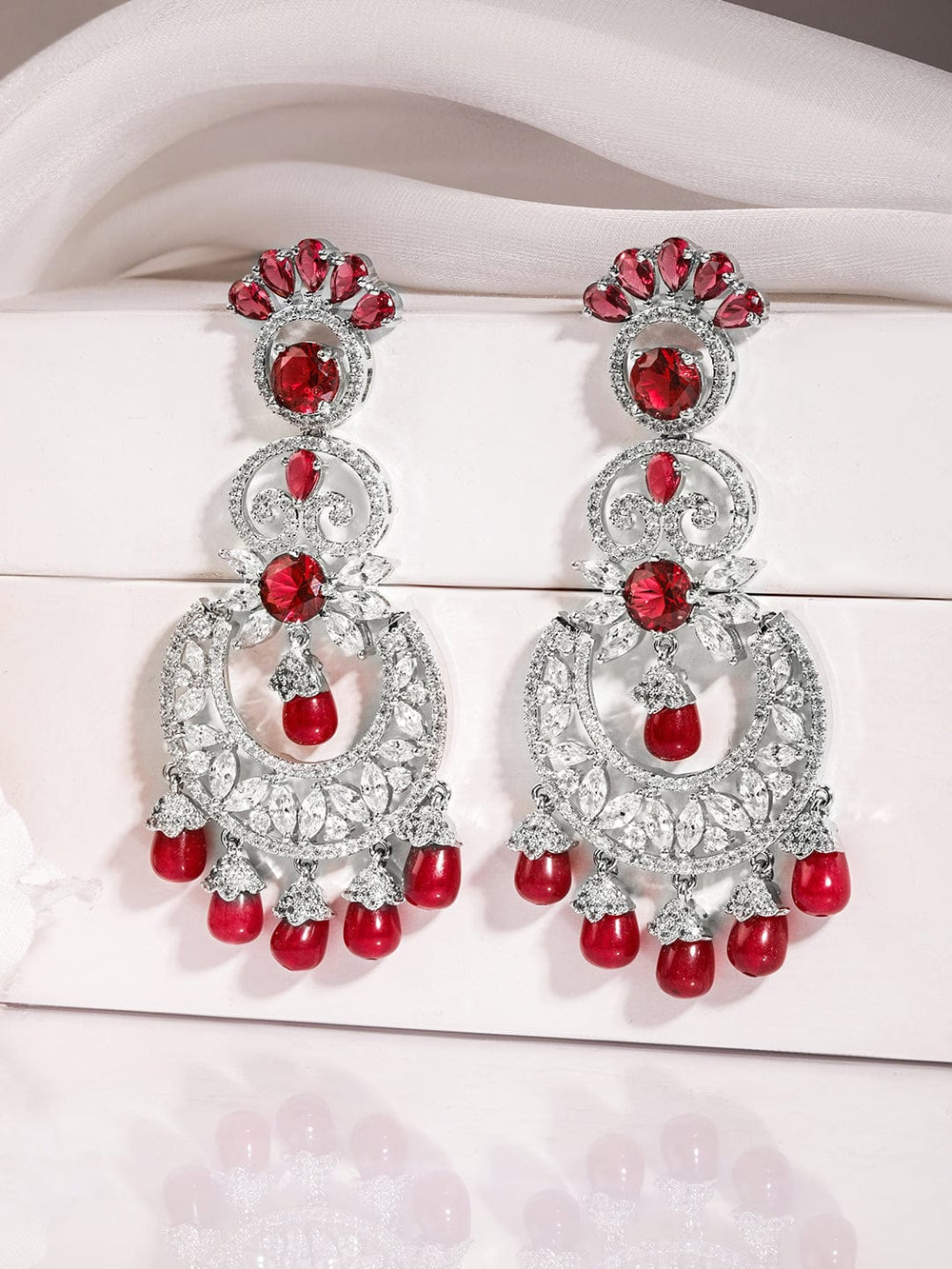 Rubans Rhodium-Plated Stone-Studded & Beaded Contemporary Drop Earrings Drop Earrings