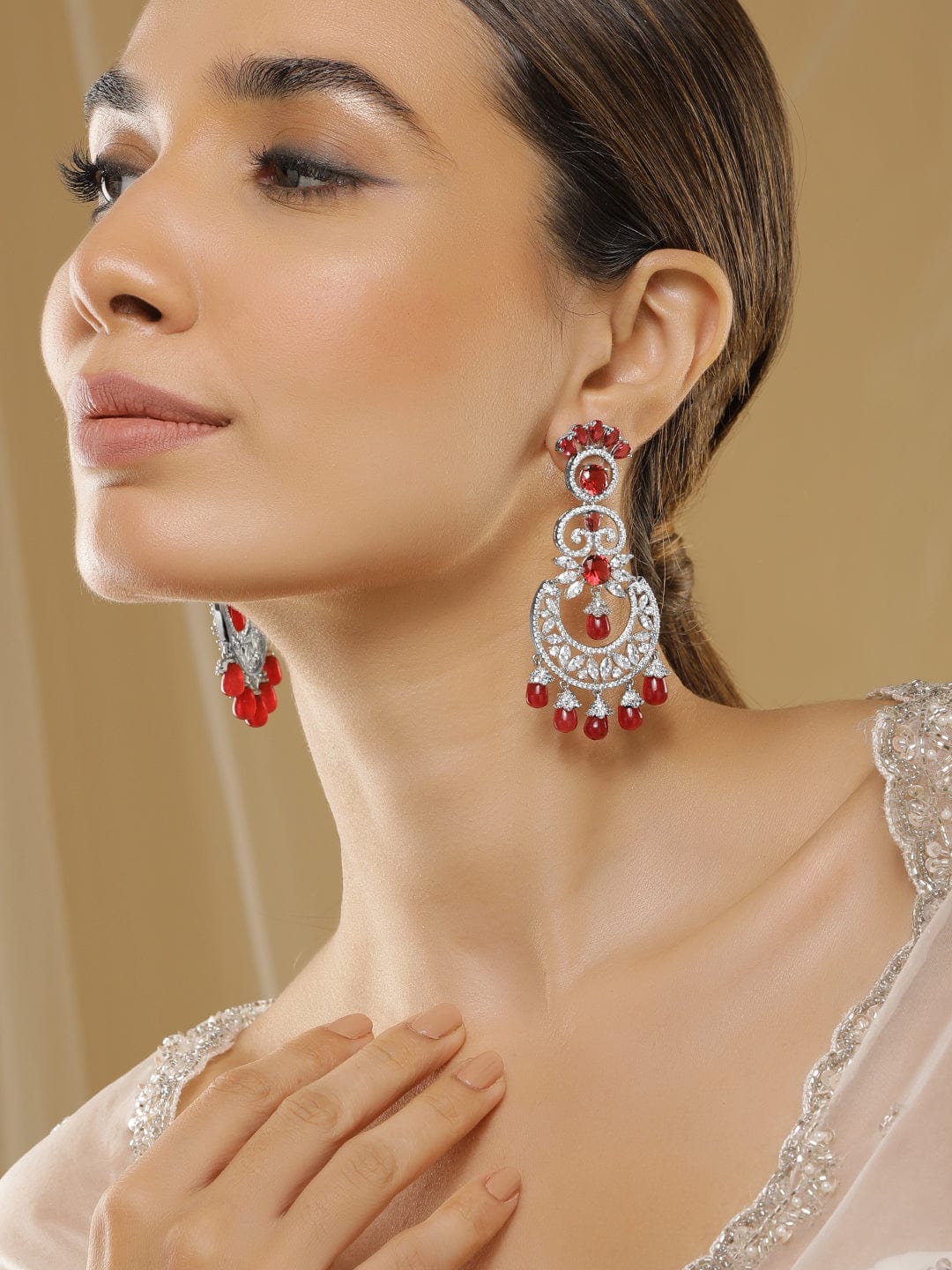 Rubans Rhodium-Plated Stone-Studded & Beaded Contemporary Drop Earrings Drop Earrings