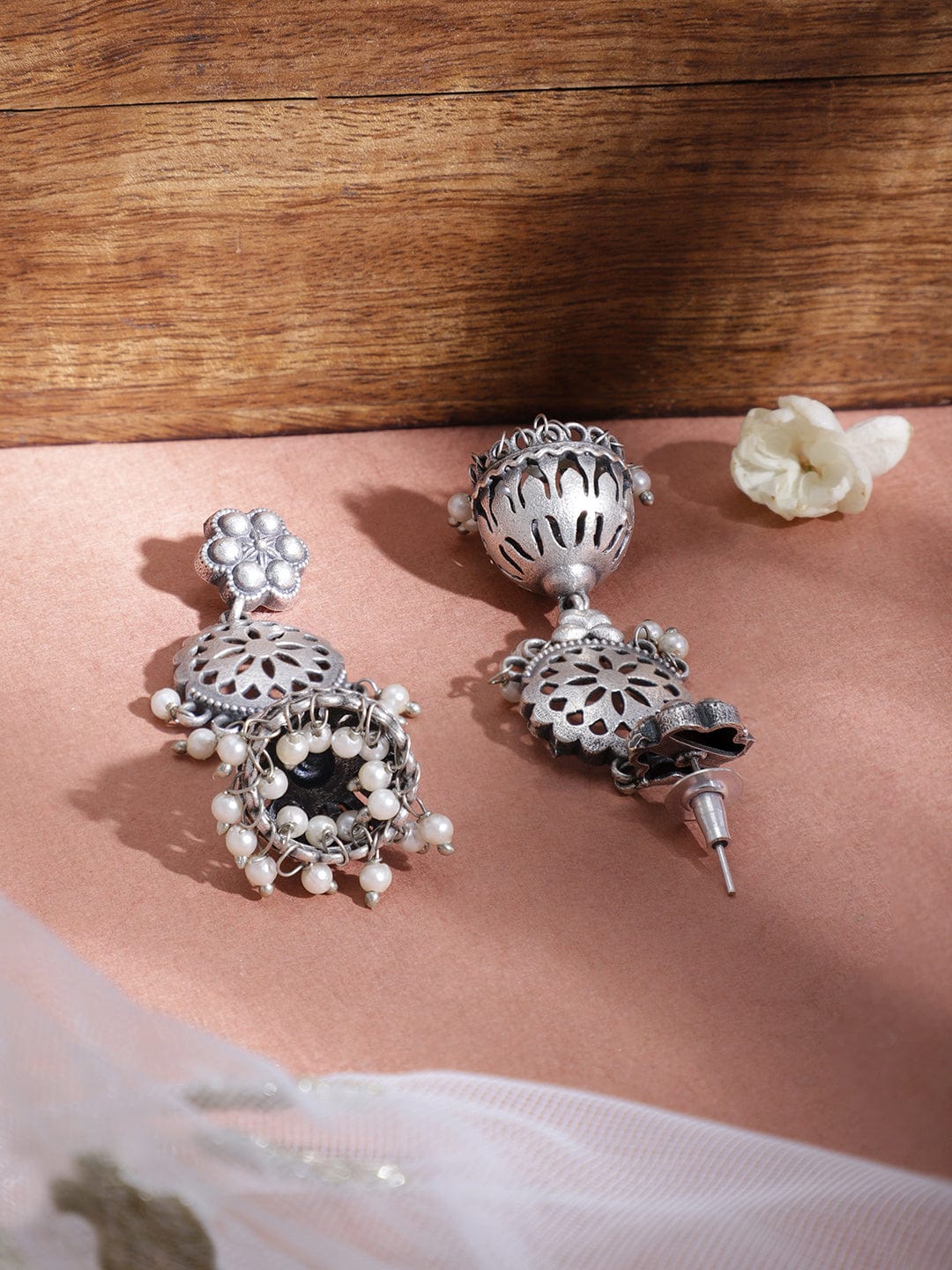 Rubans Rhodium-Plated Stone-Studded & Pearl-Beaded Dome Shaped Jhumkas Earrings