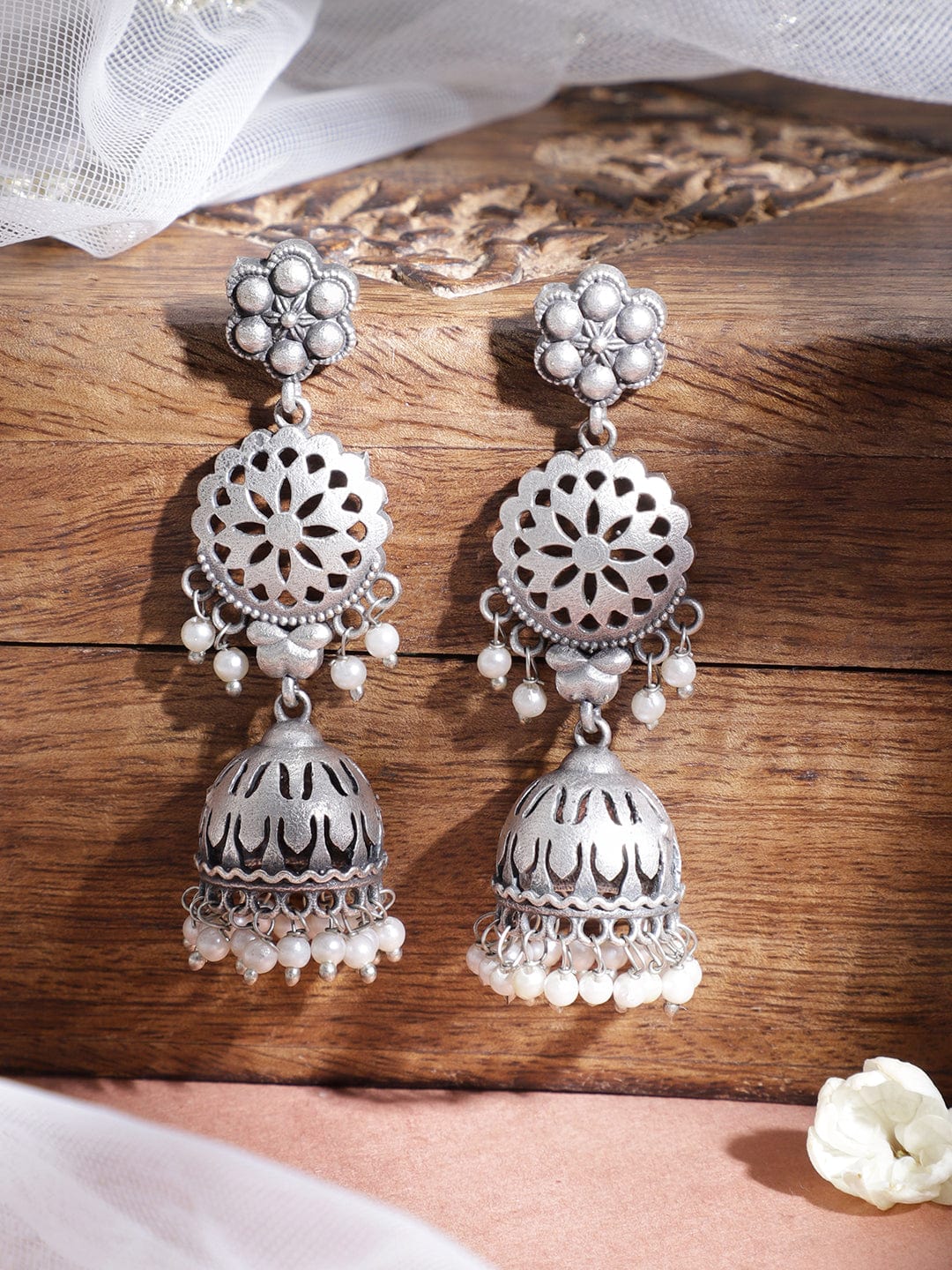 Rubans Rhodium-Plated Stone-Studded & Pearl-Beaded Dome Shaped Jhumkas Earrings