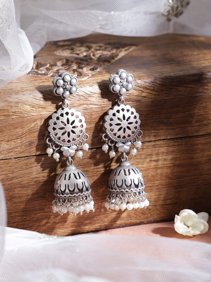 Rubans Rhodium-Plated Stone-Studded & Pearl-Beaded Dome Shaped Jhumkas Earrings