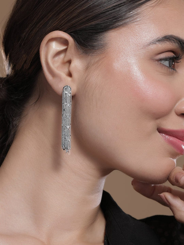 Rubans Rhodium-Plated Tassel Chain Statement Earrings Earrings