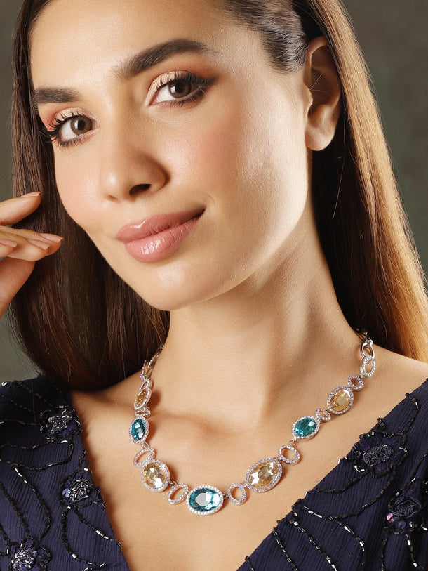 Rubans Rhodium-Plated Teal Blue & Light Brown Cubic Zirconia Studded Statement Necklace Necklace & Chains
