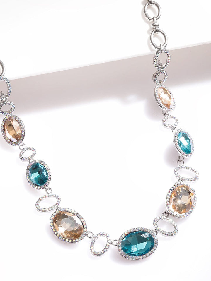 Rubans Rhodium-Plated Teal Blue & Light Brown Cubic Zirconia Studded Statement Necklace Necklace & Chains