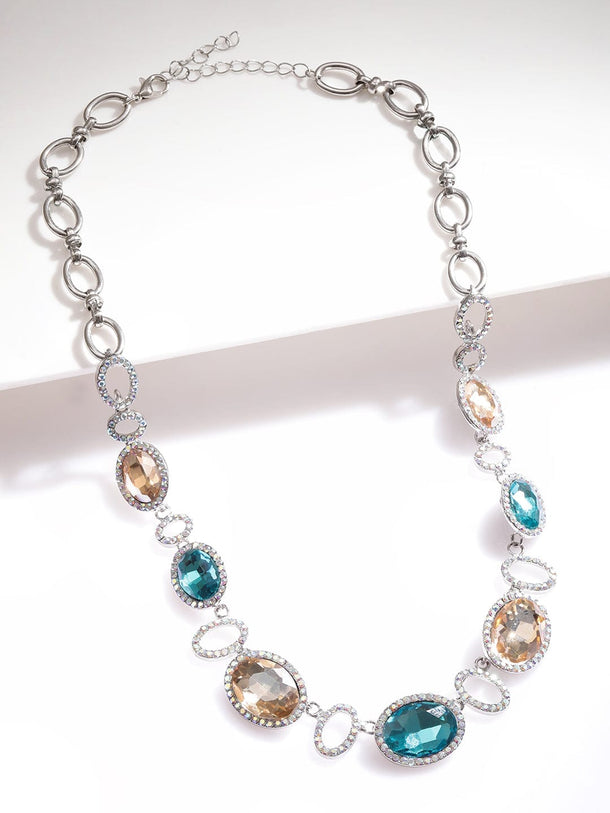 Rubans Rhodium-Plated Teal Blue & Light Brown Cubic Zirconia Studded Statement Necklace Necklace & Chains