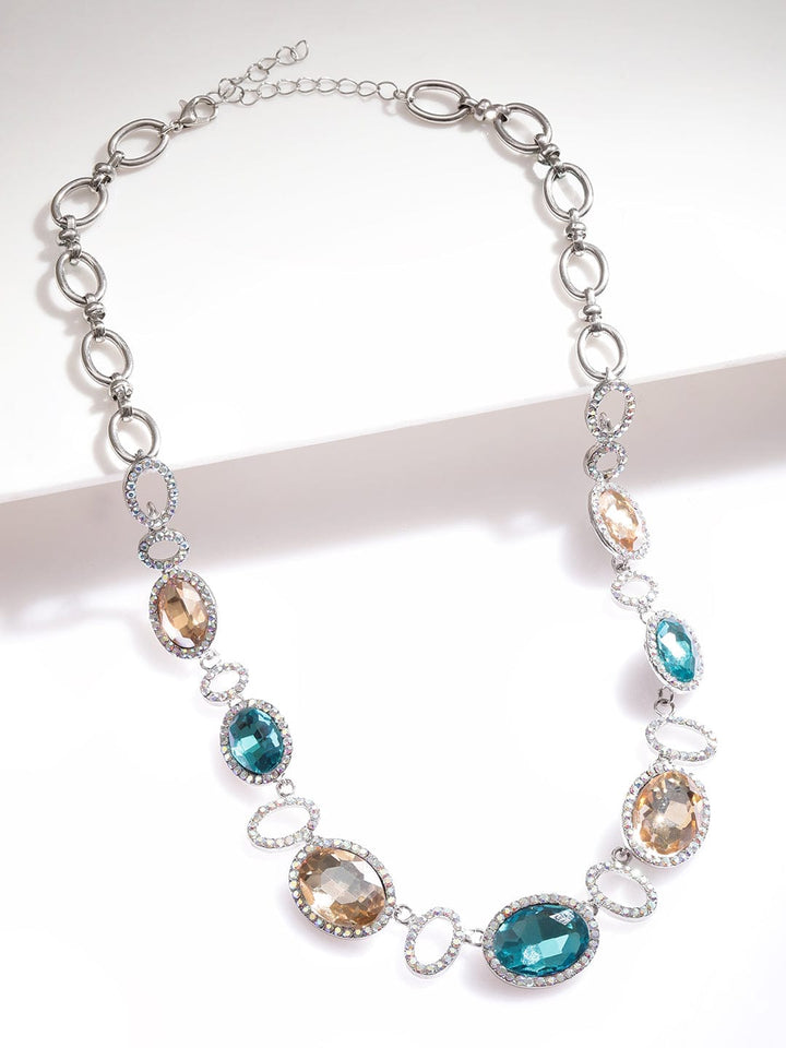 Rubans Rhodium-Plated Teal Blue & Light Brown Cubic Zirconia Studded Statement Necklace Necklace & Chains