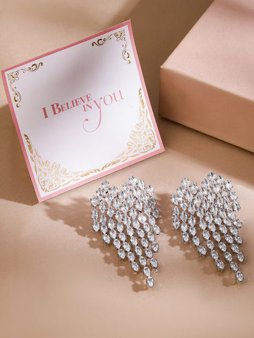 Rubans Rhodium-Plated Teardrop Crystal Dangle Earrings with Heart Detail Earrings