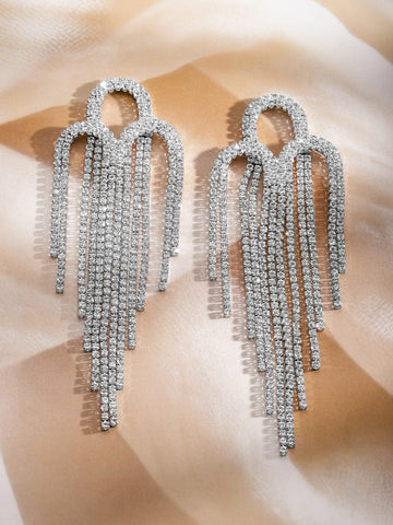 Rubans Rhodium-Plated Teardrop Crystal Tassel Drop Earrings Earrings
