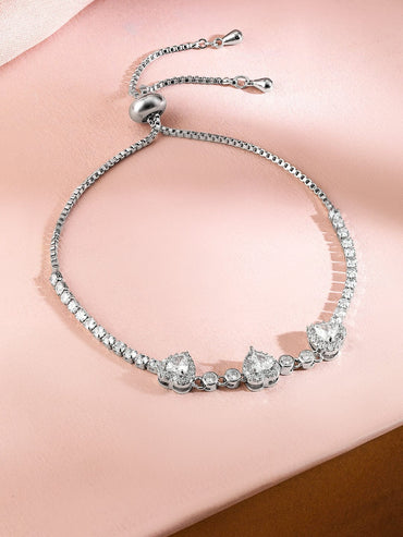 Rubans Rhodium-Plated Triple Heart Cubic Zirconia Adjustable Pull Chain Tennis Bracelet Wristwear