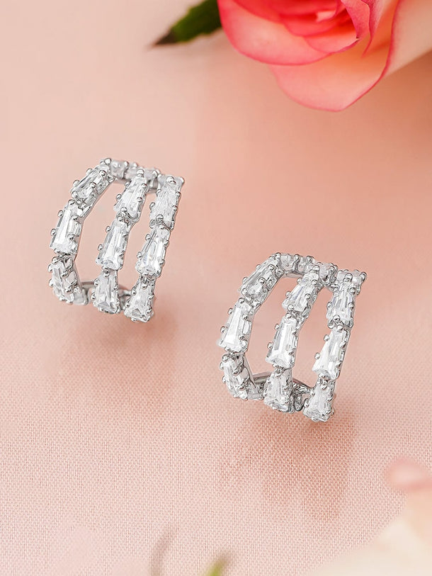 Rubans Rhodium-Plated Triple Row Baguette Cubic Zirconia Studded Half Hoop Earrings Earrings