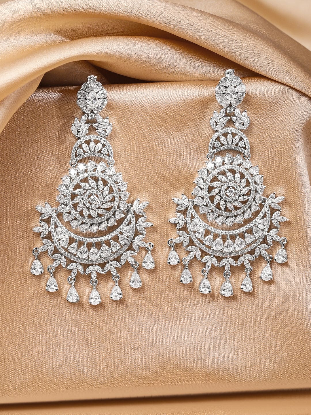 Rubans Rhodium-Plated White AAA Cubic Zirconia Studded Premium Chandelier Earrings Chandelier Earrings