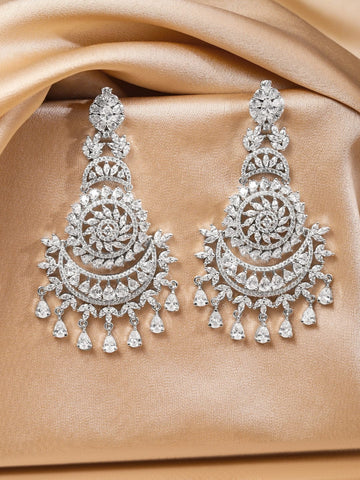 Rubans Rhodium-Plated White AAA Cubic Zirconia Studded Premium Chandelier Earrings Chandelier Earrings