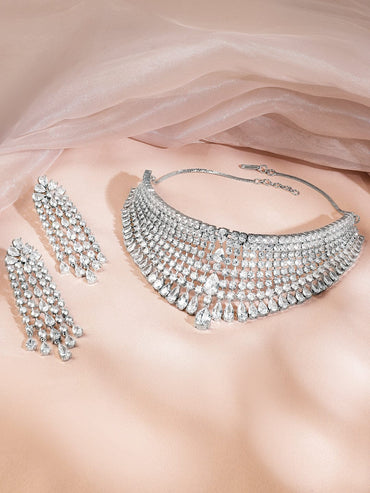 Rubans Rhodium-Plated White AAA Cubic Zirconia Studded Premium Choker Jewellery Set for Women Jewellery Set