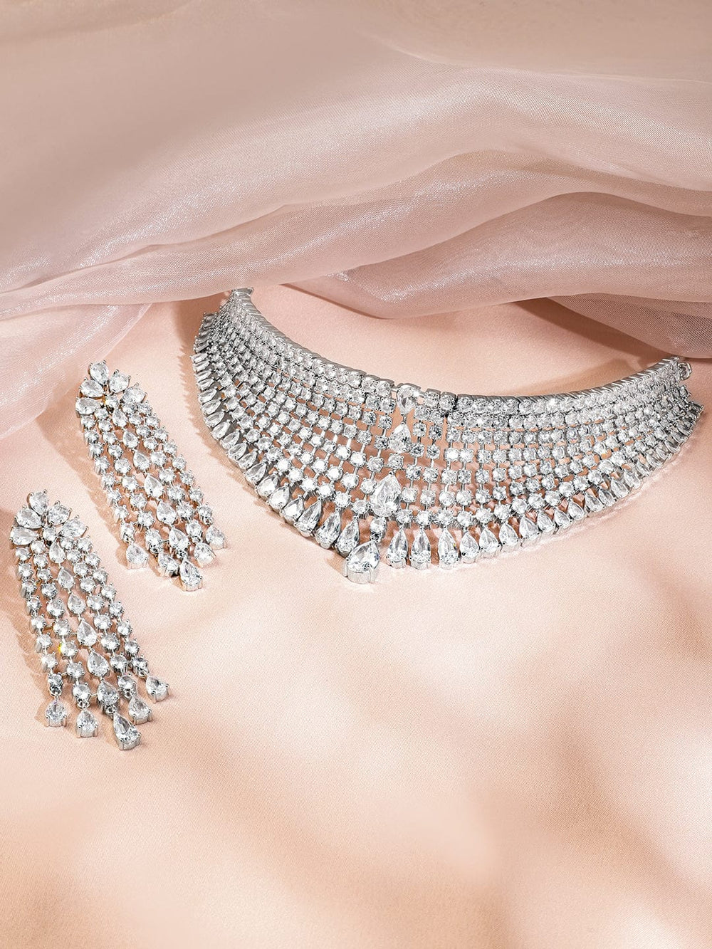 Rubans Rhodium-Plated White AAA Cubic Zirconia Studded Premium Choker Jewellery Set for Women Jewellery Set