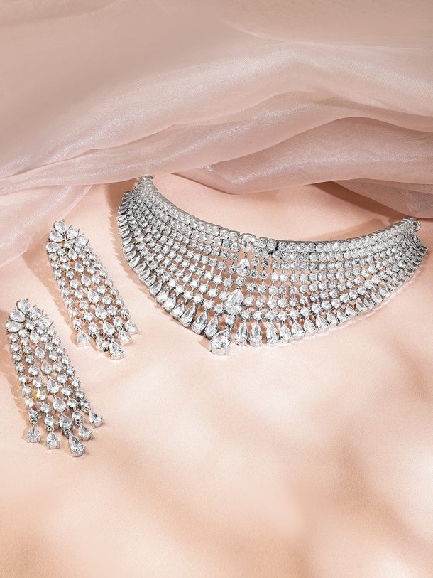 Rubans Rhodium-Plated White AAA Cubic Zirconia Studded Premium Choker Jewellery Set for Women Jewellery Set