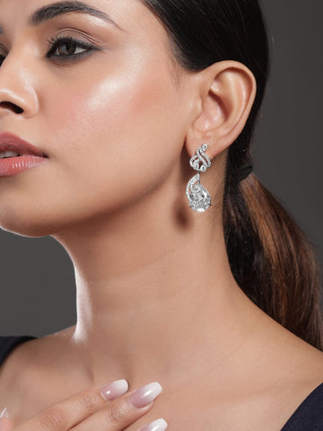 Rubans Rhodium-Plated White AD & Cubic Zirconia Studded Drop Earrings Earrings
