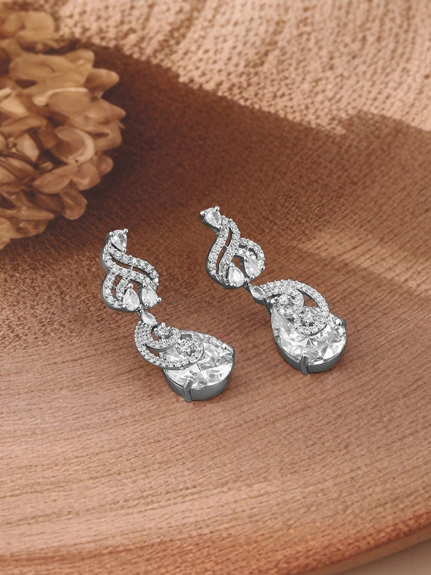 Rubans Rhodium-Plated White AD & Cubic Zirconia Studded Drop Earrings Earrings