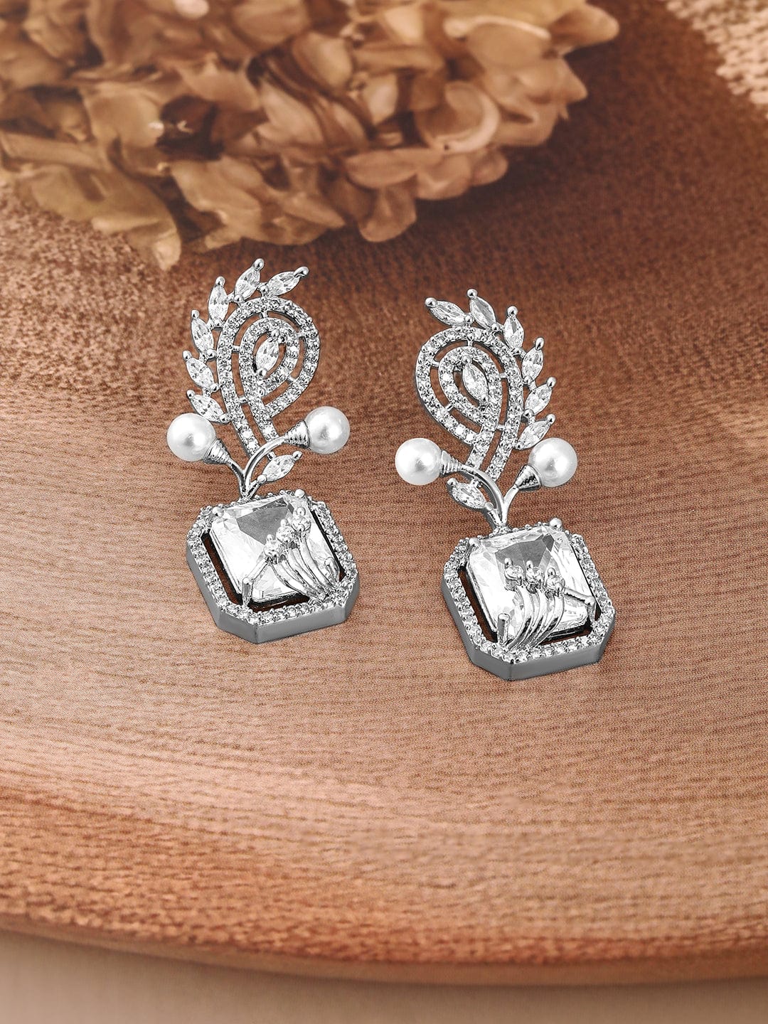 Rubans Rhodium-Plated White AD & Cubic Zirconia Studded Premium Drop Earrings Drop