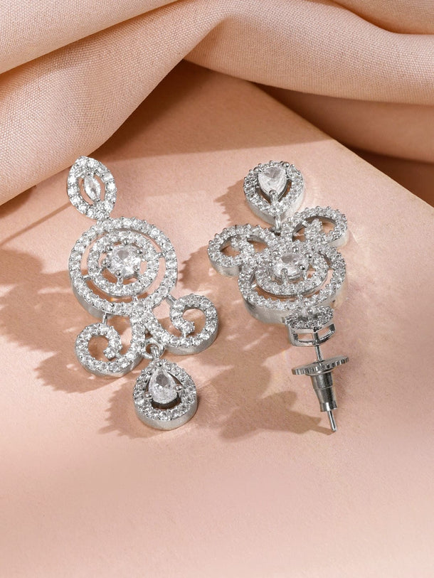 Rubans Rhodium-Plated White Baguette-Cut Cubic Zirconia Studded Luxe Double-Layer Necklace Set Jewellery Set