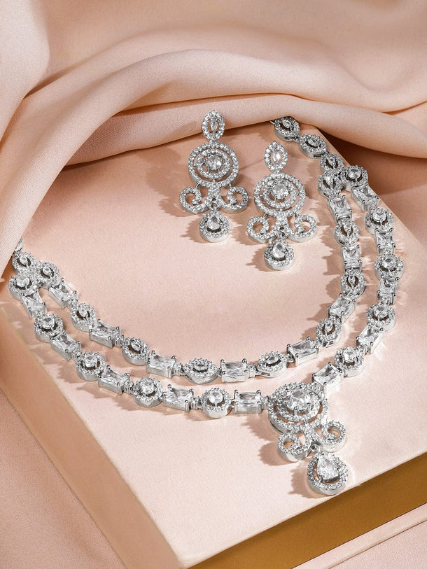 Rubans Rhodium-Plated White Baguette-Cut Cubic Zirconia Studded Luxe Double-Layer Necklace Set Jewellery Set