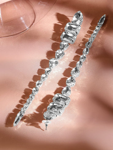 Rubans Rhodium-Plated White Crystal Zirconia Glamorous Shoulder Duster Statement Earrings Earrings