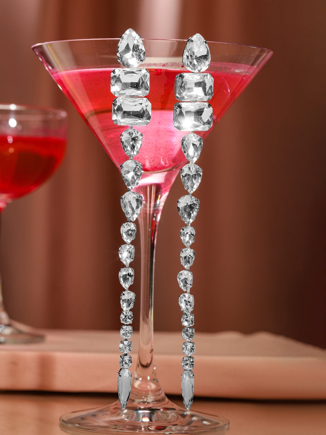 Rubans Rhodium-Plated White Crystal Zirconia Glamorous Shoulder Duster Statement Earrings Earrings