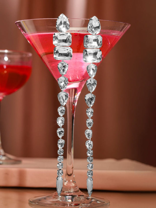 Rubans Rhodium-Plated White Crystal Zirconia Glamorous Shoulder Duster Statement Earrings Earrings