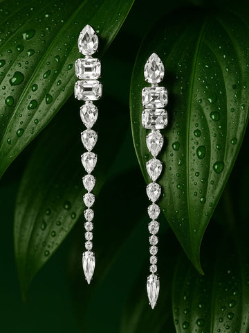 Rubans Rhodium-Plated White Crystal Zirconia Glamorous Shoulder Duster Statement Earrings Earrings